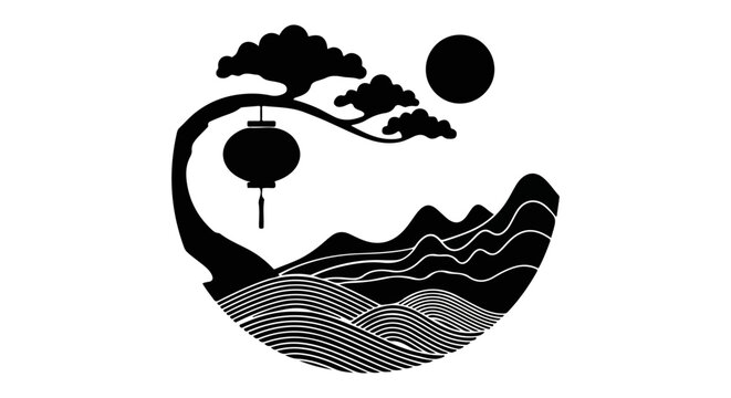 Silhouette of a landscape with a tree lantern mountains moon tree branch black and white landscape