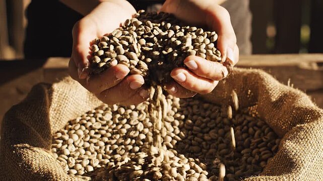 Hands holding a cluster of pine nuts over burlap cloth