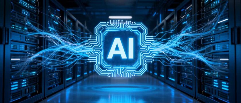 Futuristic Data Center with Glowing AI Symbol and Blue Digital Connections Between Server Racks