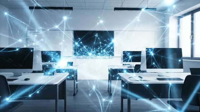 Static Shot of Digital Network Spreading Across Empty Computer Classroom