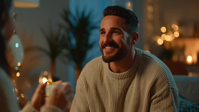 Valentine's Day: A man and woman engage in a warm conversation in a cozy living room with soft lighting and a peaceful atmosphere during a video chat.