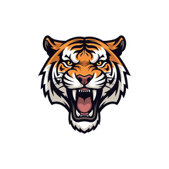 Fierce Tiger Head Illustration with Open Mouth and Sharp Teeth on a White Background