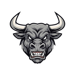 A menacing bull's head illustration with sharp horns and aggressive expression