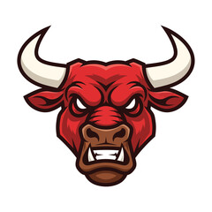 A fierce red bull's head with sharp horns and angry expression, a cartoon illustration of aggression and power