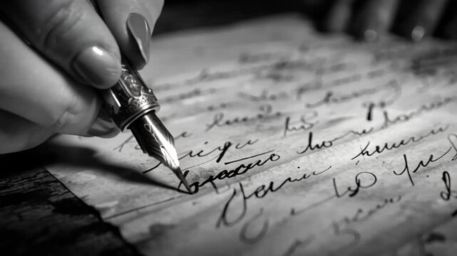 Valentine's Day: A person writes a letter with a pen on paper in a quiet moment of reflection, captured in a black and white video.