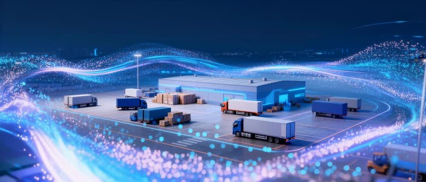 Smart Logistics Warehouse with Digital Connectivity, Automated Trucks, and Data Visualization Waves in Nighttime Urban Environment
