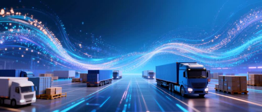 Futuristic Logistics and Transport Hub with Autonomous Trucks, Shipping Containers, and Digital Light Trails in a High-Tech Setting