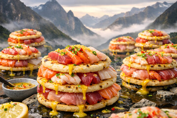 Ultra-Sharp Sashimi Arepas in Yuzu Aji Amarillo Fusion Realistic Shot