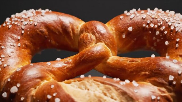A closeup of a freshly baked soft pretzel with a glossy brown crust topped with coarse salt crystals against a dark background