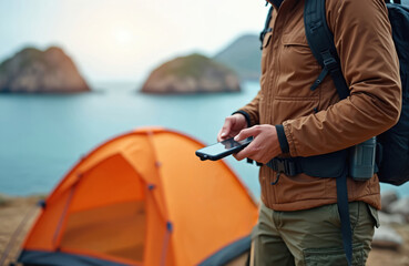 Man charges phone with power bank near orange tent by sea. Camper uses tech device for communication, navigation, entertainment during outdoor trip. Remote working staying connected camping in nature.