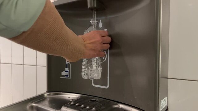 A person fills a plastic water bottle at a water filling station. The location is clean and bright, showing modern features and clear signs.