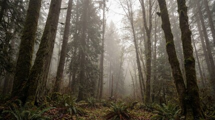 Fototapeta premium A dense forest shrouded in a thick, mysterious fog, creating an eerie atmosphere.