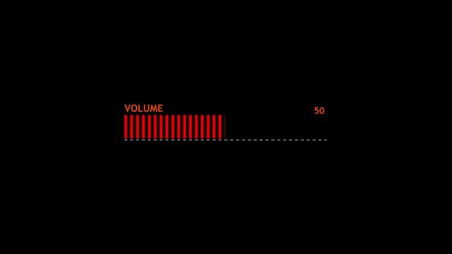 Audio volume indicator animation for sound level measurement. Loudness control and output intensity status display. Media playback adjustment bar for digital systems. Sound or media player.