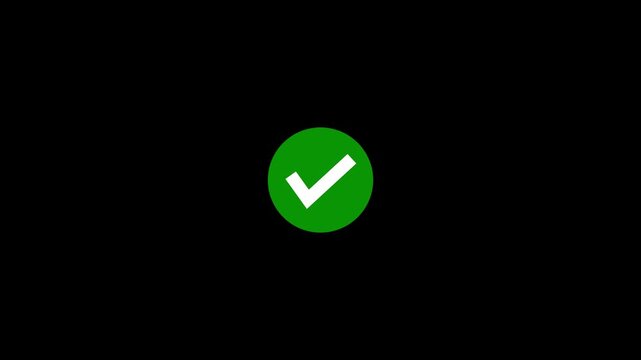 Check mark symbol animation for success status indication. Approved verification and task completion confirmation mark. Acceptance and correct result indicator for digital operation