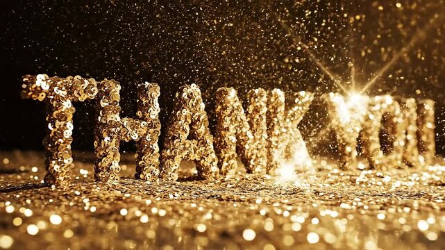 Golden sequins spelling out thank you in elegant decorative letters