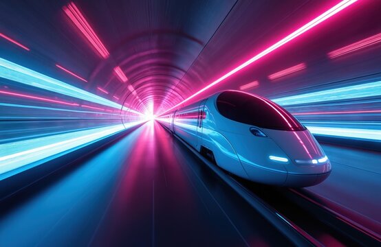 Future train speeds through illuminated tunnel with neon lights. Futuristic transport concept. High-speed rail system. Advanced technology in motion.