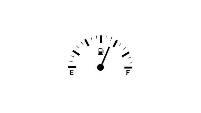 Fuel gauge animation for tank level measurement. Indicator needle showing empty to full status. Monitoring display for vehicle fuel consumption and capacity. Gauge meter icon animation.
