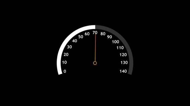 Digital speedometer animation for vehicle speed measurement. Gauge meter with needle movement indicating velocity level. Performance monitoring display for transportation and driving systems