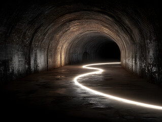 Obraz premium Abandoned tunnel with glowing pathway leading into darkness