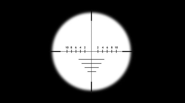Sniper scope reticle animation for target aiming and alignment. Cross hair sight indicator with distance and scale markings. Precision aiming display element for weapon and optics systems