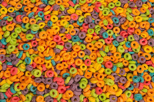 Sweet multicolored flakes, cereal loops.