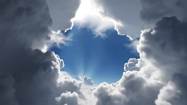 Dramatic clouds part to reveal bright blue sky with sun rays shining through