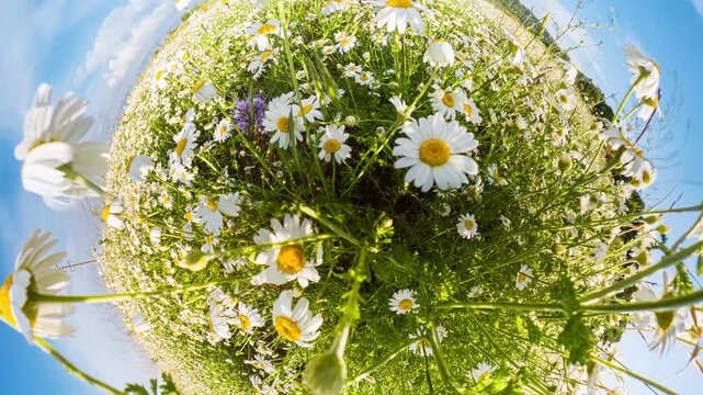 Chamomile flower field bright white daisies bloom in a lush green meadow under a clear blue summer sky with creative camera effects
