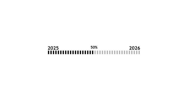 Year progress bar animation showing time line transition. Annual time passage indicator from one year to next. Progress tracking display for calendar and planning visualization