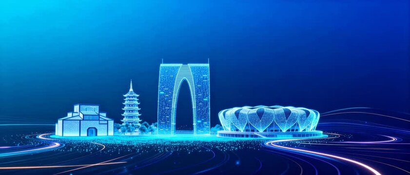 Futuristic Cityscape with Glowing Architectural Structures and Light Trail Roads in Blue Tone Digital Illustration