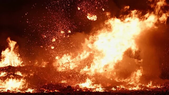 Intense flames engulfing everything in their path at night