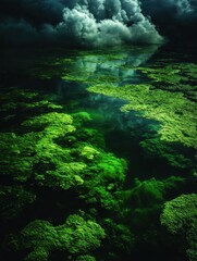 Obraz premium A natural scene features dense green vegetation and a sky filled with dark, stormy clouds.