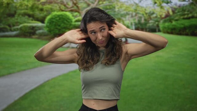Young hispanic woman with bare stomach covers ears with hands in green park pathway under bright sunlight; irritation.