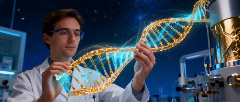 Scientist Examining Glowing DNA Double Helix in Modern Laboratory with Advanced Research Equipment