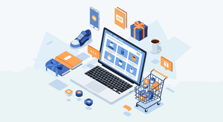 Fototapeta premium Isometric illustration depicting a laptop screen displaying an online store interface surrounded by various consumer products and mobile technology elements.