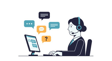 Fototapeta premium Professional female customer support agent wearing a headset handles multiple live chats simultaneously using a computer screen.