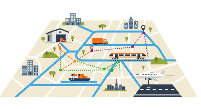 Detailed conceptual illustration of multimodal logistics network showcasing synchronized transportation routes across urban and distribution centers.