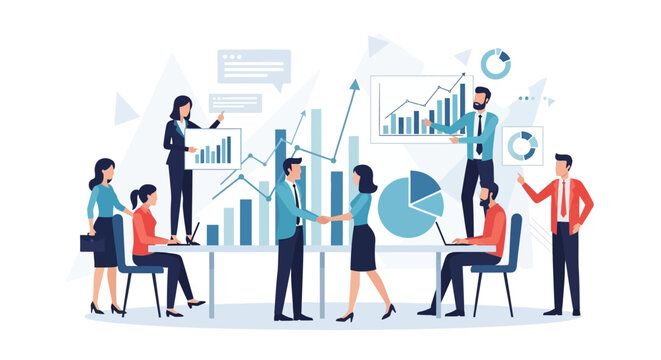 Business professionals collaborate intensely around large charts and graphs illustrating positive growth and successful partnership agreements.