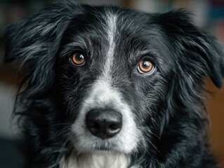 Fototapeta premium A close-up photograph captures a black and white dog's face with focused, expressive eyes.