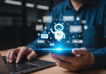 Professional using laptop with AI chatbot assistant on smartphone for smart work efficiency concept
