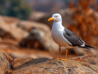 A solitary seagull is positioned on a textured surface with a blurred background of earthy colors and greenery.