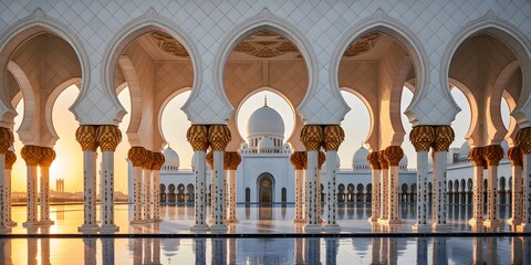 Fototapeta premium A stunning mosque with arches and domes at sunset