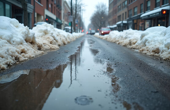 Wet city street after snowfall shows melting snow piles on sidewalk. Puddles and slush make walking and driving difficult. Traffic moves slowly on wet road surface.
