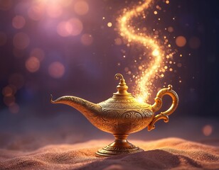 Naklejka premium Golden magic lamp releases sparkling golden energy into smoky purple sky. Ancient artifact rests on sandy ground. Mystical light swirls upwards, hinting at powerful wishes granted.