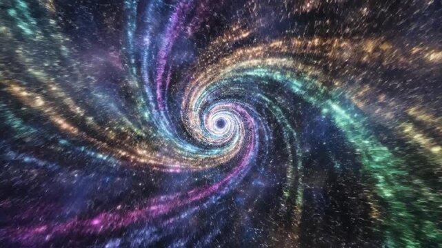 A colorful spiral of stars and light converges into a central dark void in deep space