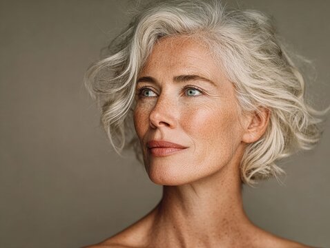 A woman with short blonde hair and fair skin gazes upwards with a thoughtful expression.