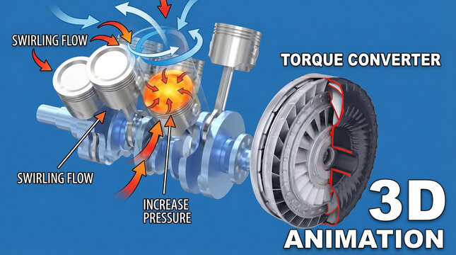 3D animation of internal combustion engine pistons and torque converter automotive mechanical