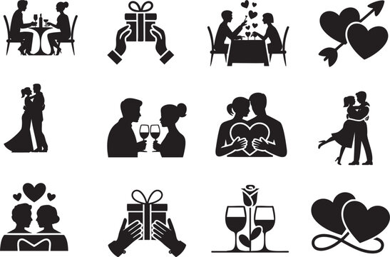 Romantic couple icons celebrating love with gifts, dining, and hearts, perfect for special occasions