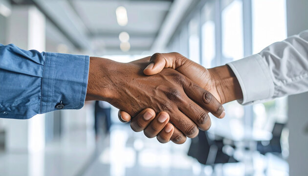 Apret&oacute;n de manos entre dos profesionales en entorno corporativo, concepto de acuerdo comercial, confianza mutua, colaboraci&oacute;n empresarial, cooperaci&oacute;n y cierre exitoso de un trato o negocio