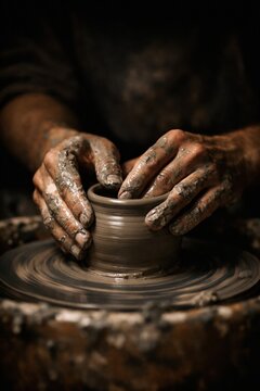Muddy hands mold a small clay pot on a spinning potter wheel. The atmosphere is artistic and focused with dramatic lighting. Perfect for creative workshop or artisan craftsmanship content.