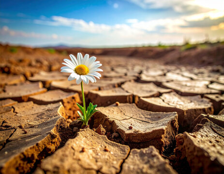 Margarita blanca brotando entre la tierra seca y agrietada concepto de vida, resistencia y belleza natural en un entorno &aacute;rido de sequ&iacute;a y falta de agua
